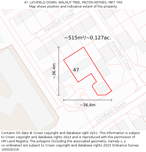 47, LICHFIELD DOWN, WALNUT TREE, MILTON KEYNES, MK7 7AS: Plot and title map