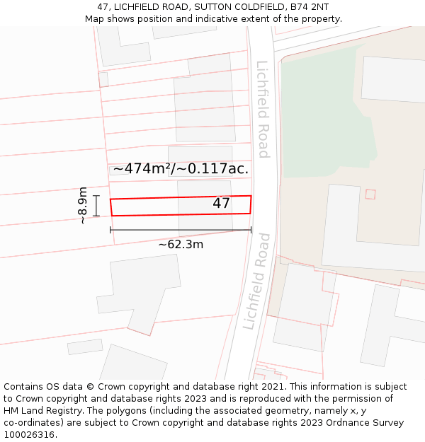 47, LICHFIELD ROAD, SUTTON COLDFIELD, B74 2NT: Plot and title map