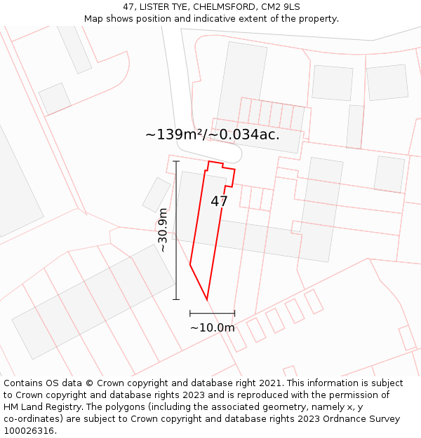 47, LISTER TYE, CHELMSFORD, CM2 9LS: Plot and title map