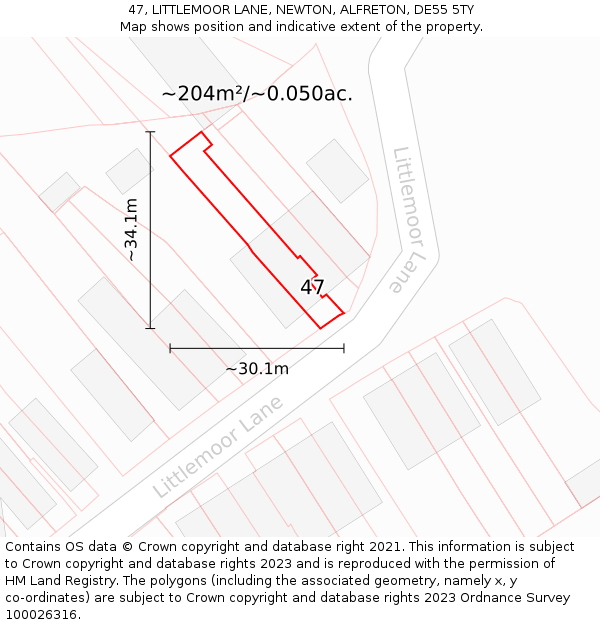 47, LITTLEMOOR LANE, NEWTON, ALFRETON, DE55 5TY: Plot and title map