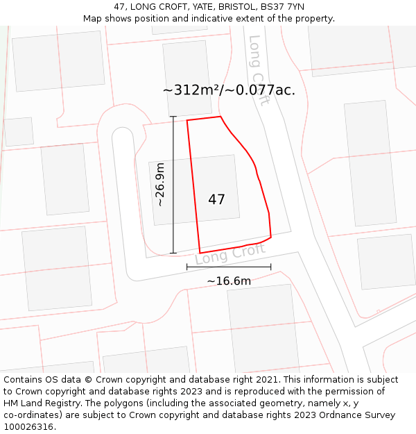 47, LONG CROFT, YATE, BRISTOL, BS37 7YN: Plot and title map