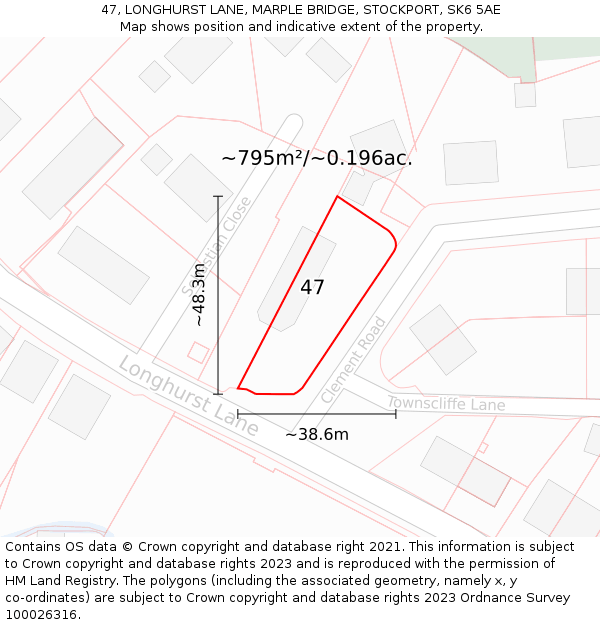 47, LONGHURST LANE, MARPLE BRIDGE, STOCKPORT, SK6 5AE: Plot and title map