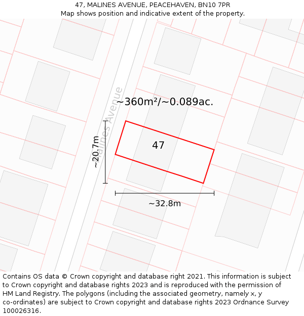 47, MALINES AVENUE, PEACEHAVEN, BN10 7PR: Plot and title map