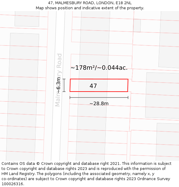 47, MALMESBURY ROAD, LONDON, E18 2NL: Plot and title map