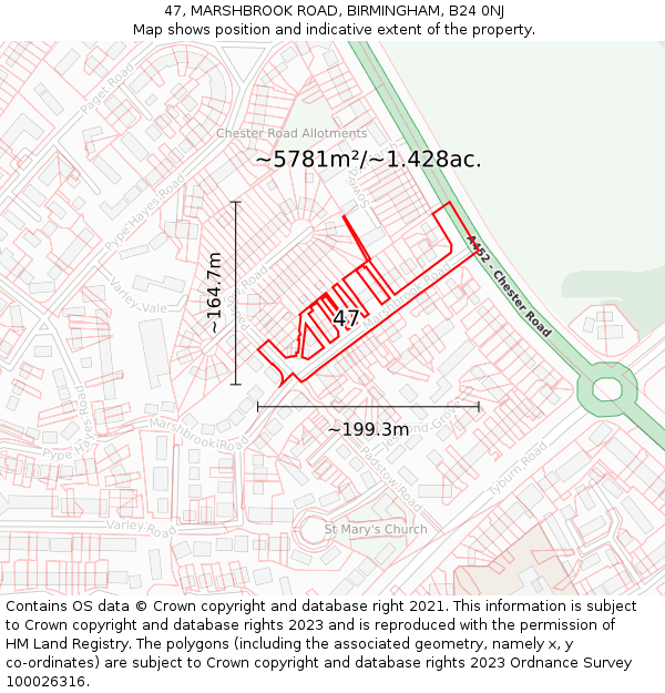 47, MARSHBROOK ROAD, BIRMINGHAM, B24 0NJ: Plot and title map