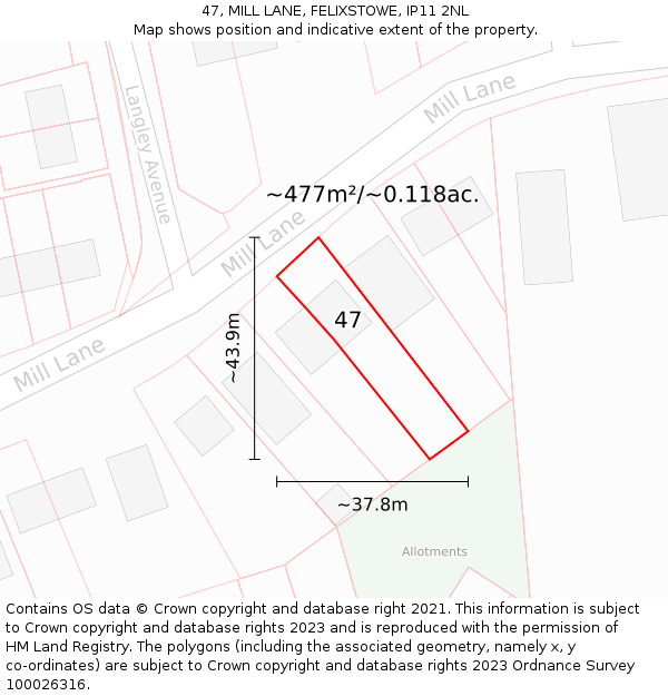 47, MILL LANE, FELIXSTOWE, IP11 2NL: Plot and title map