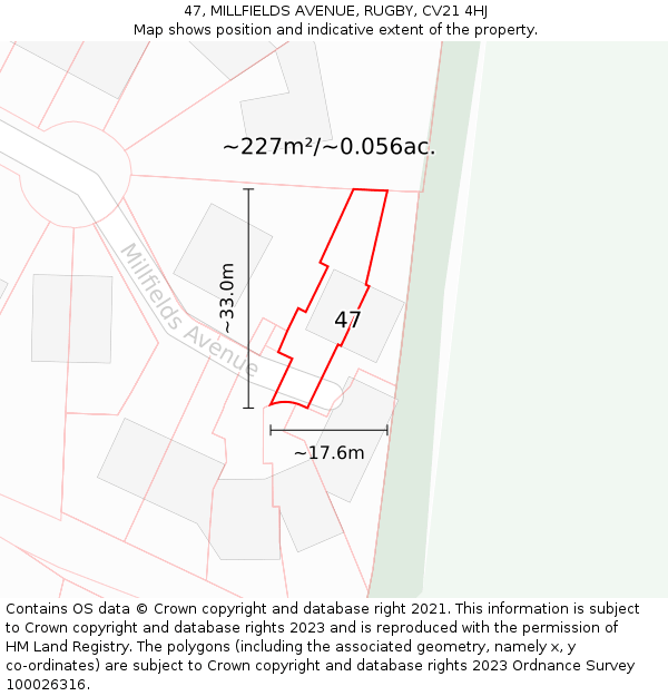 47, MILLFIELDS AVENUE, RUGBY, CV21 4HJ: Plot and title map