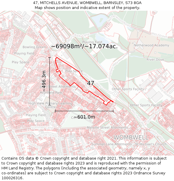 47, MITCHELLS AVENUE, WOMBWELL, BARNSLEY, S73 8GA: Plot and title map