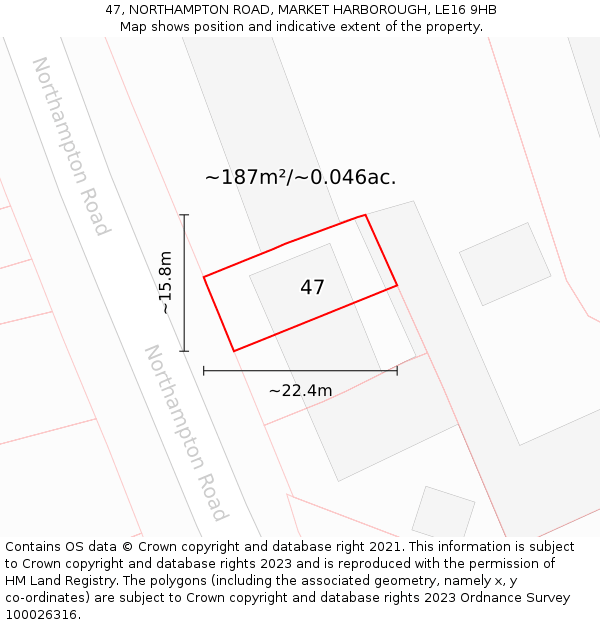 47, NORTHAMPTON ROAD, MARKET HARBOROUGH, LE16 9HB: Plot and title map