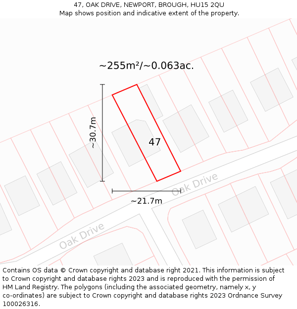 47, OAK DRIVE, NEWPORT, BROUGH, HU15 2QU: Plot and title map