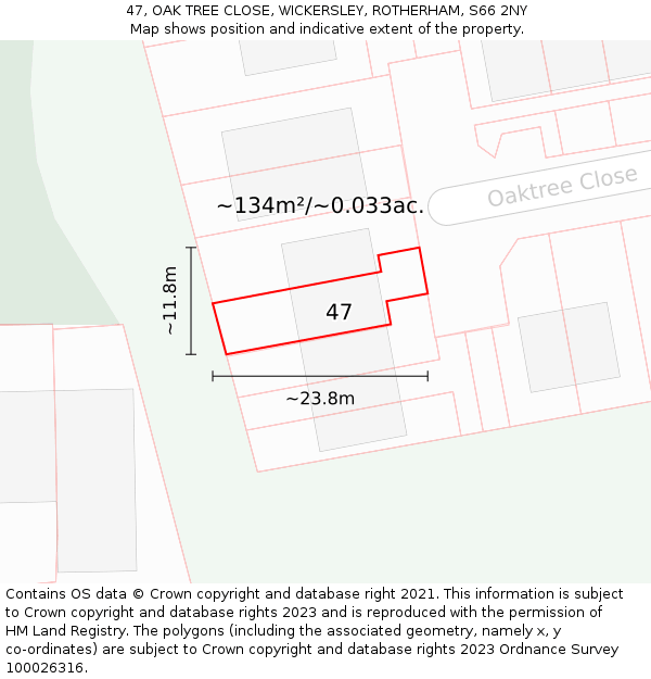 47, OAK TREE CLOSE, WICKERSLEY, ROTHERHAM, S66 2NY: Plot and title map