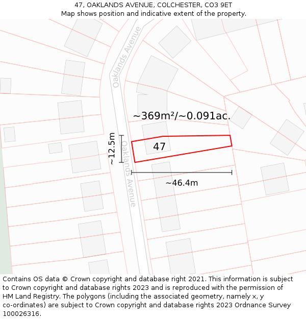 47, OAKLANDS AVENUE, COLCHESTER, CO3 9ET: Plot and title map