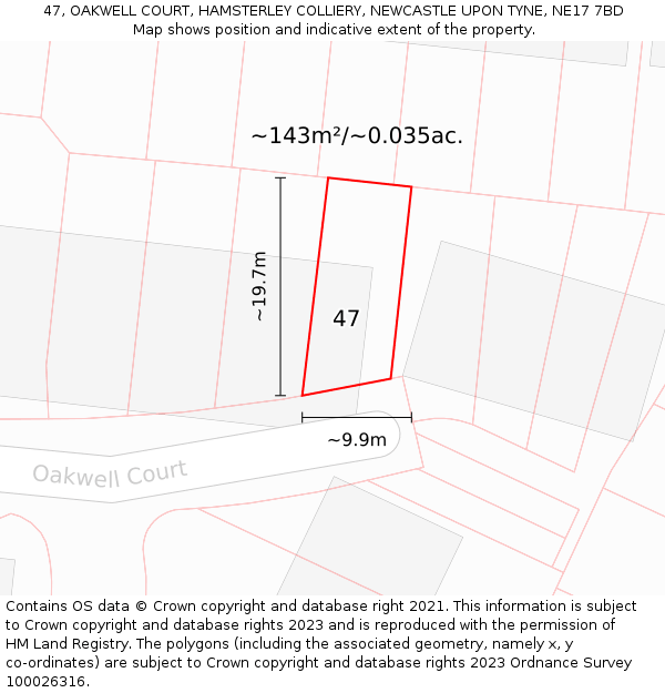 47, OAKWELL COURT, HAMSTERLEY COLLIERY, NEWCASTLE UPON TYNE, NE17 7BD: Plot and title map