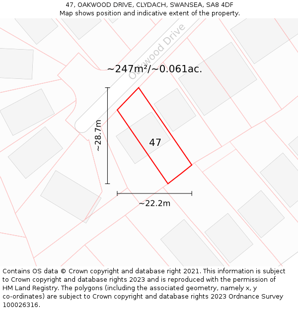47, OAKWOOD DRIVE, CLYDACH, SWANSEA, SA8 4DF: Plot and title map