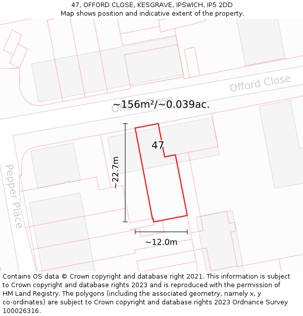 47, OFFORD CLOSE, KESGRAVE, IPSWICH, IP5 2DD: Plot and title map