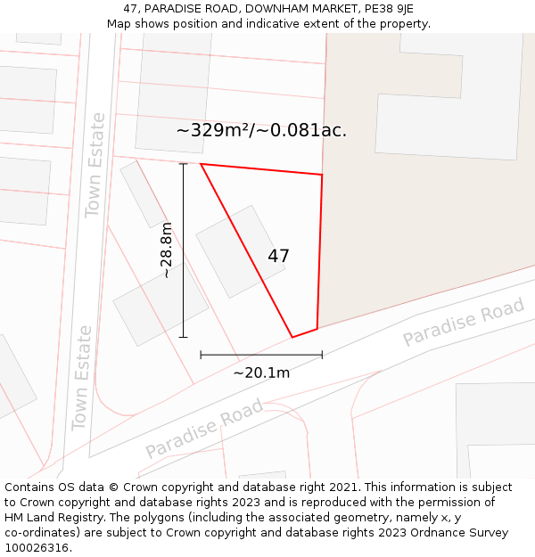 47, PARADISE ROAD, DOWNHAM MARKET, PE38 9JE: Plot and title map