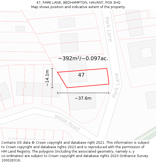 47, PARK LANE, BEDHAMPTON, HAVANT, PO9 3HQ: Plot and title map