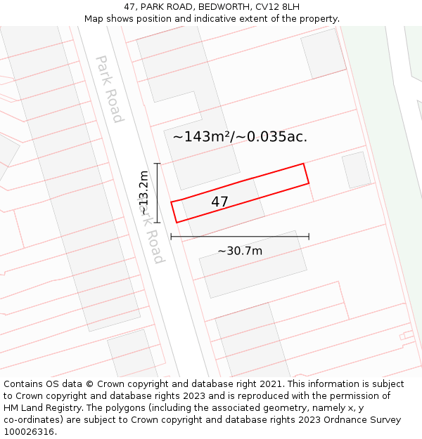 47, PARK ROAD, BEDWORTH, CV12 8LH: Plot and title map