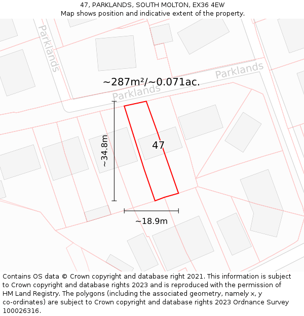 47, PARKLANDS, SOUTH MOLTON, EX36 4EW: Plot and title map