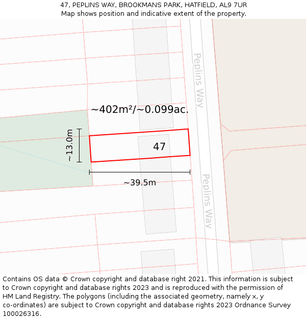 47, PEPLINS WAY, BROOKMANS PARK, HATFIELD, AL9 7UR: Plot and title map