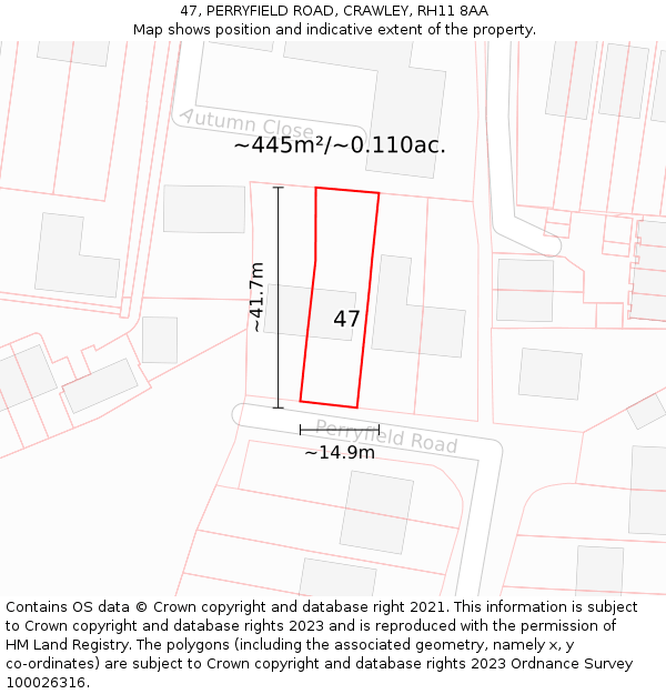 47, PERRYFIELD ROAD, CRAWLEY, RH11 8AA: Plot and title map