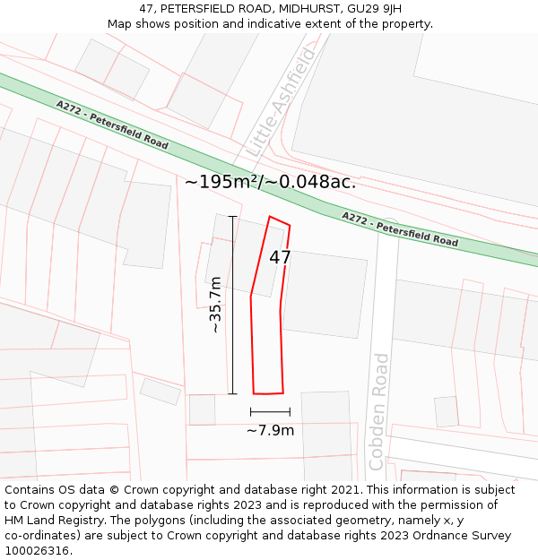 47, PETERSFIELD ROAD, MIDHURST, GU29 9JH: Plot and title map