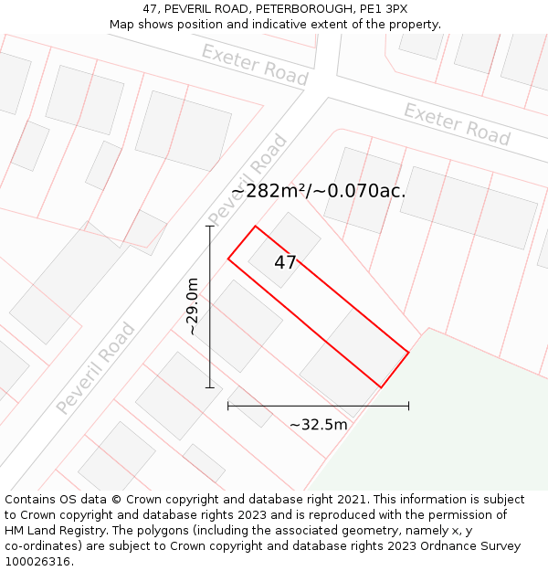 47, PEVERIL ROAD, PETERBOROUGH, PE1 3PX: Plot and title map