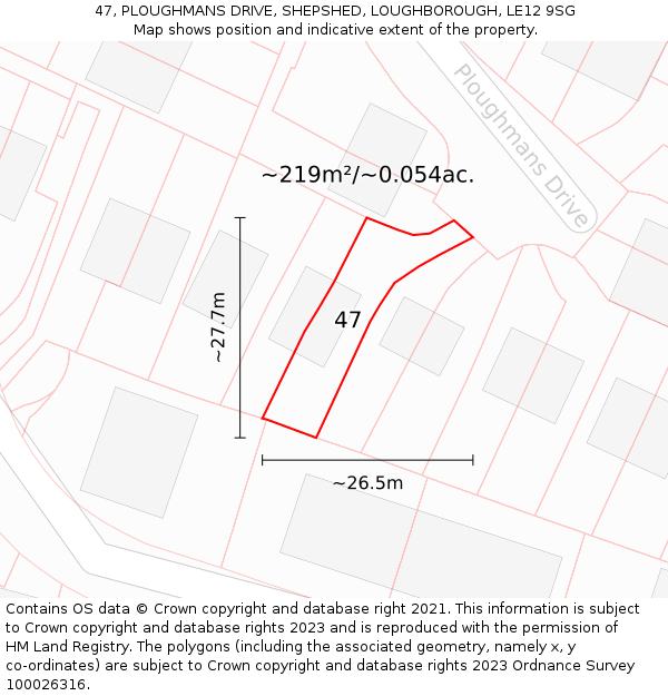 47, PLOUGHMANS DRIVE, SHEPSHED, LOUGHBOROUGH, LE12 9SG: Plot and title map