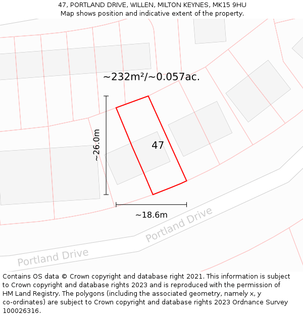 47, PORTLAND DRIVE, WILLEN, MILTON KEYNES, MK15 9HU: Plot and title map