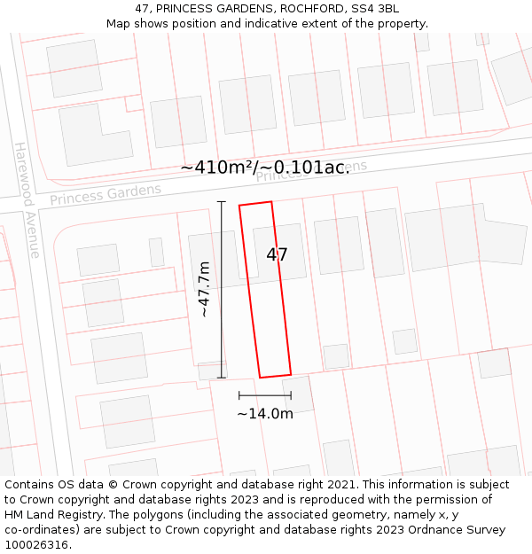 47, PRINCESS GARDENS, ROCHFORD, SS4 3BL: Plot and title map