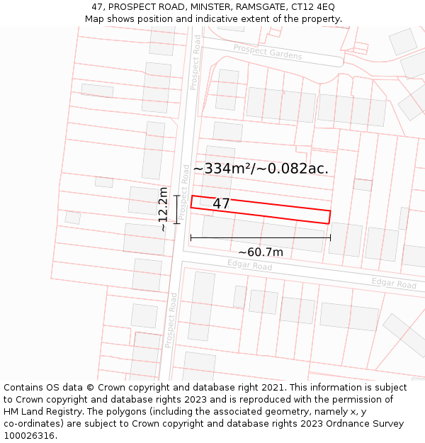 47, PROSPECT ROAD, MINSTER, RAMSGATE, CT12 4EQ: Plot and title map