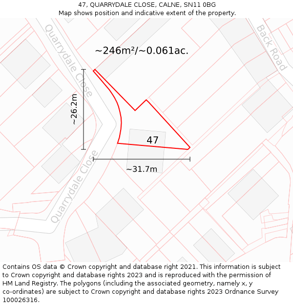 47, QUARRYDALE CLOSE, CALNE, SN11 0BG: Plot and title map