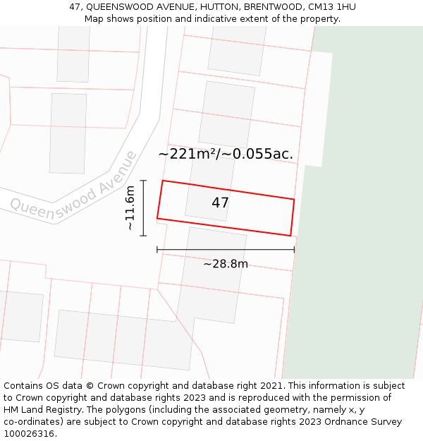 47, QUEENSWOOD AVENUE, HUTTON, BRENTWOOD, CM13 1HU: Plot and title map