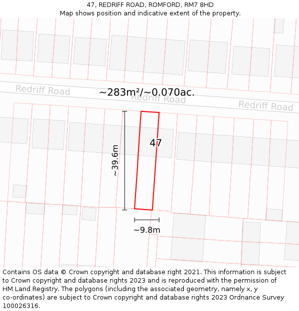 47, REDRIFF ROAD, ROMFORD, RM7 8HD: Plot and title map