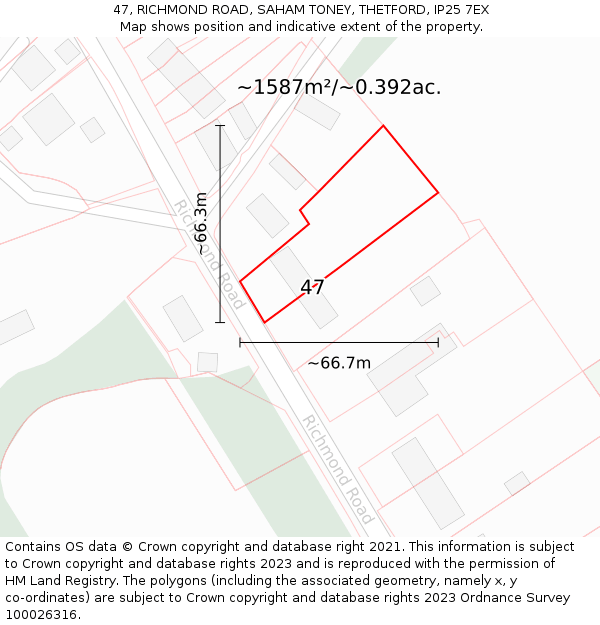 47, RICHMOND ROAD, SAHAM TONEY, THETFORD, IP25 7EX: Plot and title map