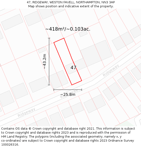 47, RIDGEWAY, WESTON FAVELL, NORTHAMPTON, NN3 3AP: Plot and title map