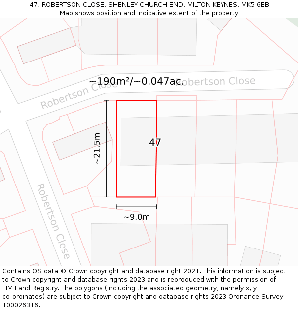 47, ROBERTSON CLOSE, SHENLEY CHURCH END, MILTON KEYNES, MK5 6EB: Plot and title map