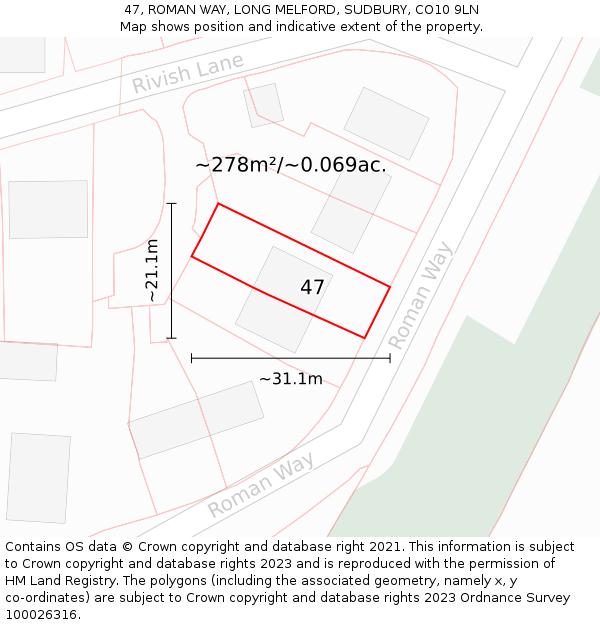 47, ROMAN WAY, LONG MELFORD, SUDBURY, CO10 9LN: Plot and title map