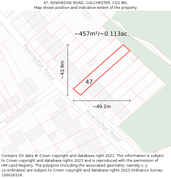 47, ROWHEDGE ROAD, COLCHESTER, CO2 8EL: Plot and title map