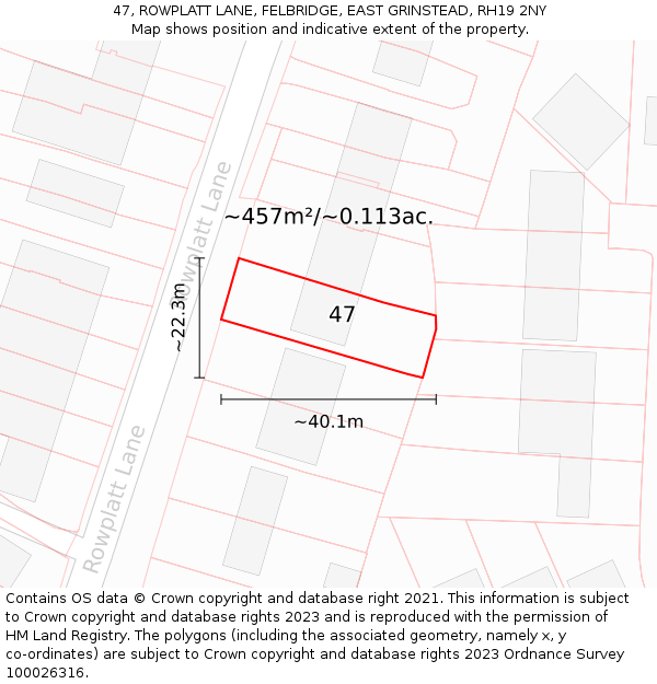 47, ROWPLATT LANE, FELBRIDGE, EAST GRINSTEAD, RH19 2NY: Plot and title map