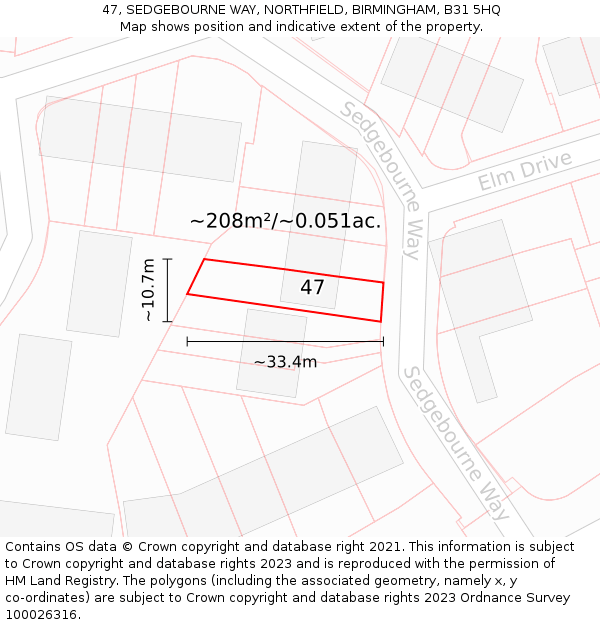 47, SEDGEBOURNE WAY, NORTHFIELD, BIRMINGHAM, B31 5HQ: Plot and title map