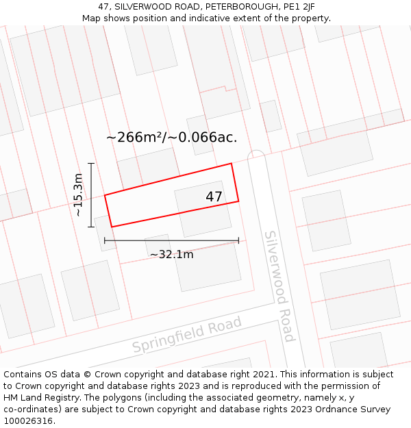 47, SILVERWOOD ROAD, PETERBOROUGH, PE1 2JF: Plot and title map