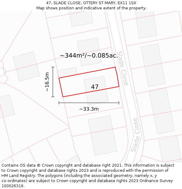 47, SLADE CLOSE, OTTERY ST MARY, EX11 1SX: Plot and title map