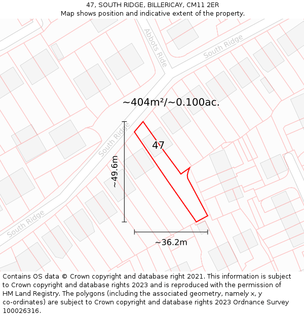 47, SOUTH RIDGE, BILLERICAY, CM11 2ER: Plot and title map