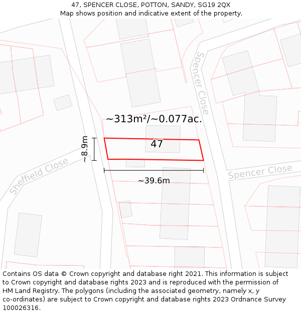 47, SPENCER CLOSE, POTTON, SANDY, SG19 2QX: Plot and title map