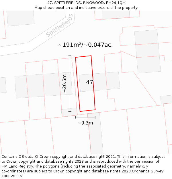 47, SPITTLEFIELDS, RINGWOOD, BH24 1QH: Plot and title map