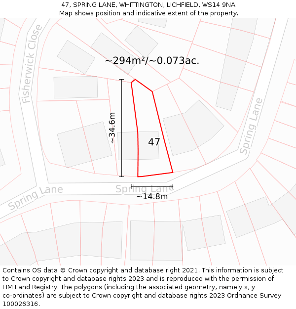 47, SPRING LANE, WHITTINGTON, LICHFIELD, WS14 9NA: Plot and title map