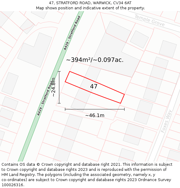 47, STRATFORD ROAD, WARWICK, CV34 6AT: Plot and title map