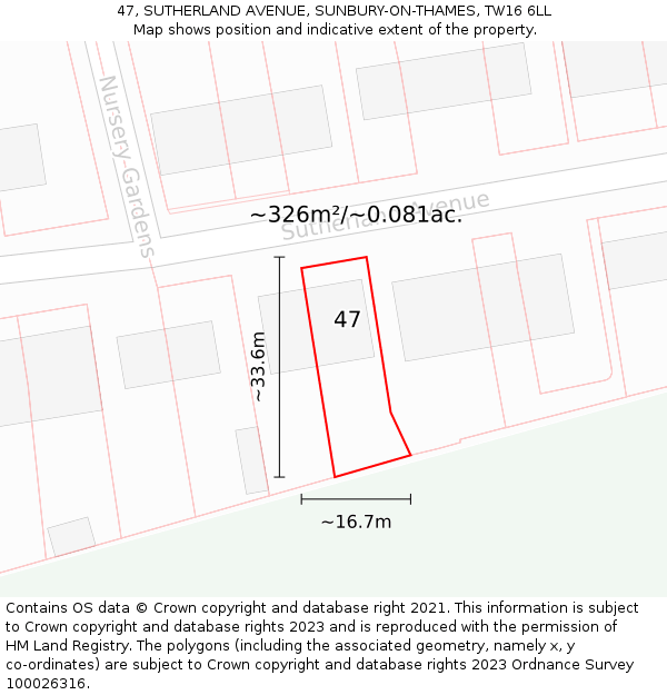 47, SUTHERLAND AVENUE, SUNBURY-ON-THAMES, TW16 6LL: Plot and title map