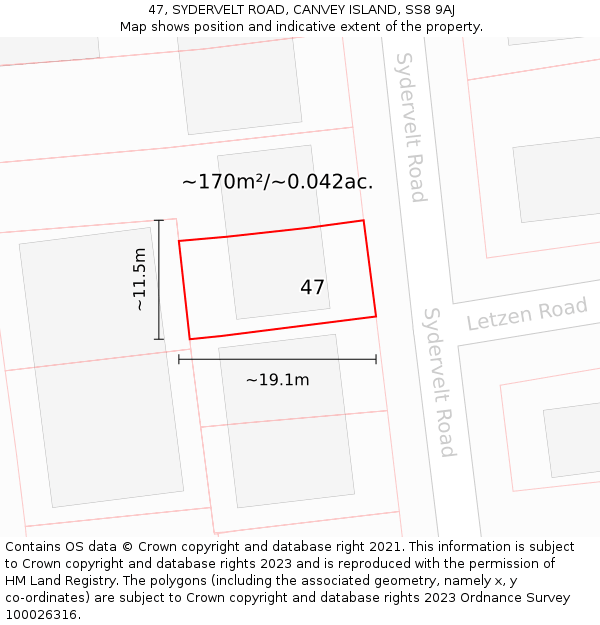 47, SYDERVELT ROAD, CANVEY ISLAND, SS8 9AJ: Plot and title map